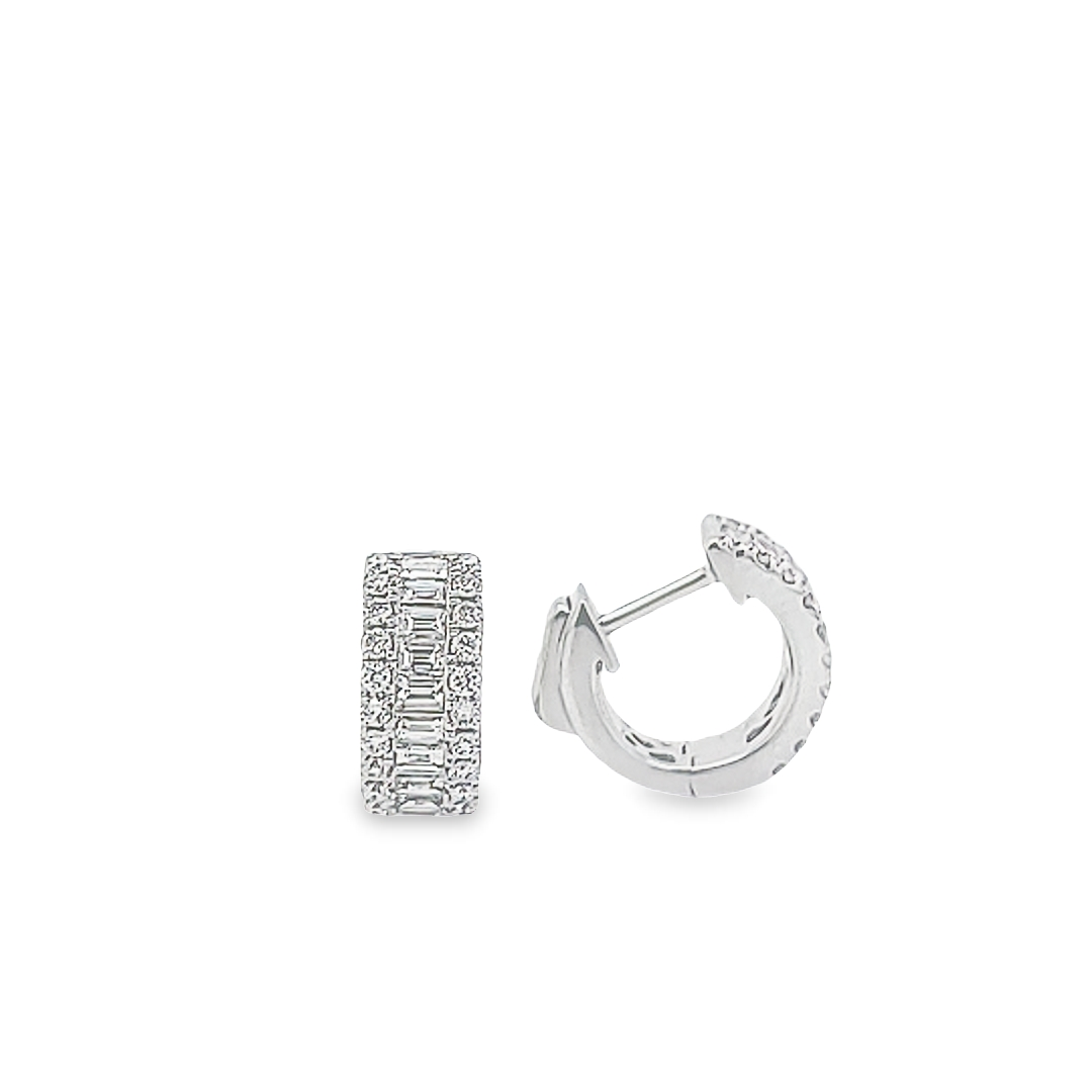 18K White Gold 0.86ct Round and Baguette Diamond Huggies Earrings